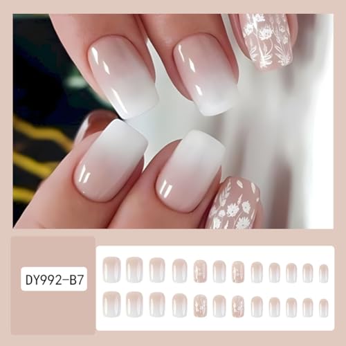 White Press on Nails Medium Square - Valentine's Day Fake Nails White Ombre False Nails Press ons With Cute Flowers Designs Nail Tips Full Cover Acrylic Glue on Nails for Women DIY 24Pcs - Image 2