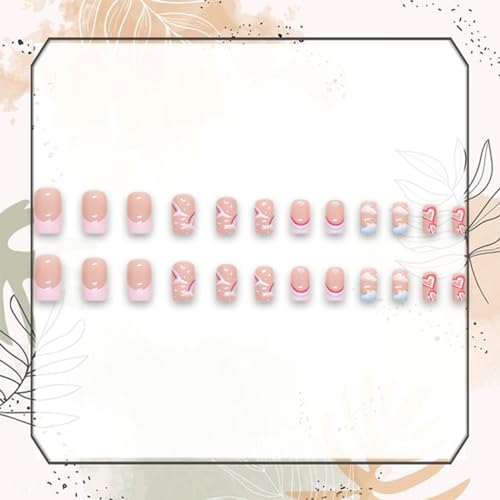 24Pcs Valentine’s Day French Tip Press on Nails Short Square Shaped Fake Nails with Rainbow Color Designs False Nails Lovely Clouds Full Cover Nails Press on Reusable Stick on Nails for Women Girls - Image 5