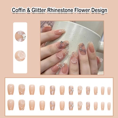Coffin Press on Nails BrownShort Medium Fake Nails with Acrylic Glue Glue on Nails with Glitter Rhinestone Flower Design Manicure False Nails Women Gel Stick on Nails for Wedding ALSJkk68 - Image 2