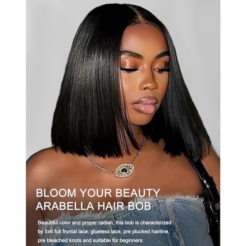 Arabella Hair 12 inch 5x6 Bob Wig Human Hair Real 210% Density Ready to Go Glueless Wig 12a Straight Bob Wigs Human Hair Pre Cut Lace Pre Bleached Tiny Knots (12 inch, 5x6 Glueless Bob) - Image 2