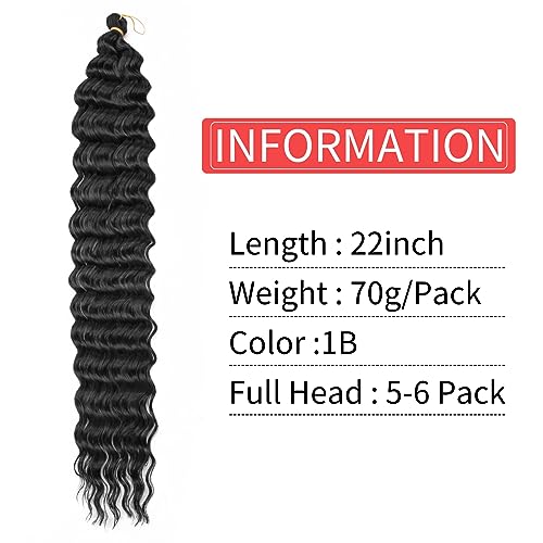 22Inch Ocean Wave 3Pack Crochet hair Extexsions Long Braids Deep wave Synthetic hair Curly Braiding hair for Black Women (22Inch (Pack of 3), Black) - Image 2