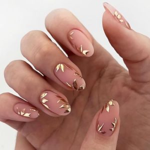 24-Piece Medium Almond Nude Pink Glossy Full Cover Press On Nails Gold Leaf Kit