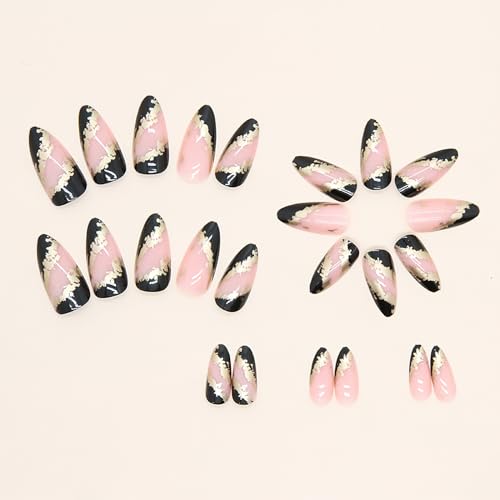 Black French Tip Press on Nails Medium Almond Fake Nails Glossy Full Cover Acrylic Nails with Gold Foil Designs Nude Pink Stiletto False Nails Full Cover Glue on Nails for Women Girls 24Pcs - Image 3