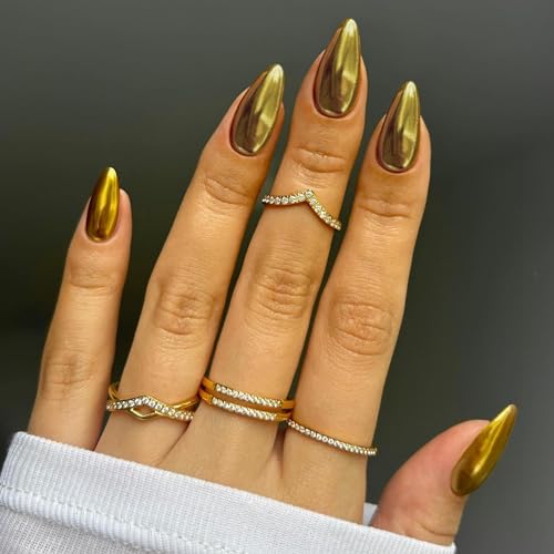 Gold Chrome Press on Nails Medium Almond,KQueenest Mirror Metal Stiletto Fake Acrylic Nails with Bling Design,Glue on Nails for Daily Party Wear,False Nails Press ons in24 PCS - Image 2