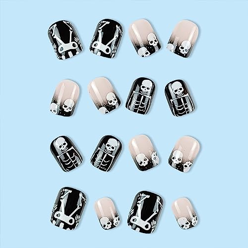 Halloween Short Fake Nails Square Press on Nails Pink Artificial with Black Tips Mysterious Skull Stick on Nails Pattern Quirky Design French Acrylic Holiday Nails Full Cover for Women and Girls 24Pcs - Image 2