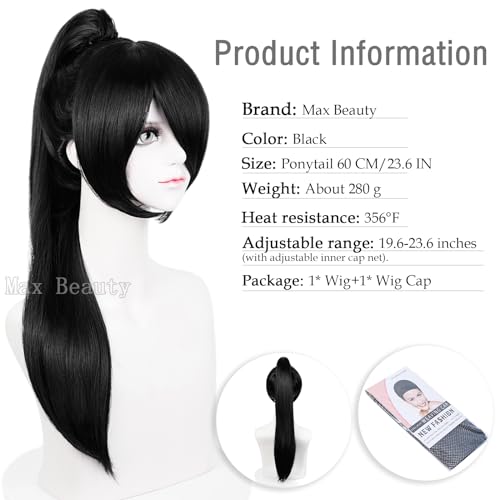 LABEAUTÉ 28 inch Long Straight Black Cosplay Wig with Ponytail and Bangs, Heat Resistant Synthetic Fiber, Includes Wig Cap - Image 2