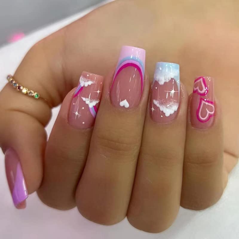 24Pcs Valentine’s Day French Tip Press on Nails Short Square Shaped Fake Nails with Rainbow Color Designs False Nails Lovely Clouds Full Cover Nails Press on Reusable Stick on Nails for Women Girls