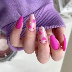Valentine's Day Press On Nails Medium Almond Heart Fake Nails,Barbie Pink Hearts Design Frosted Gel Acrylic Nails Kit, Valentines Day Nail Accessories Decorations 24Pcs (BarbiePinkHeart)
