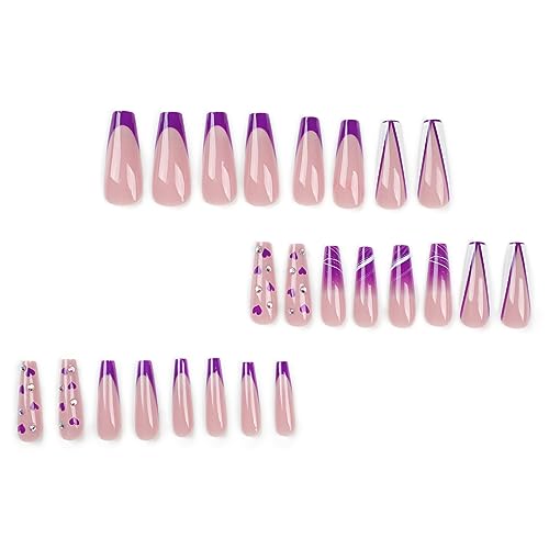 IMSOHOT Long Press on Nails Coffin Purple French Tips Fake Nails Rhinestone Full Cover Acrylic False Nails with Cute Heart Designs Glossy Glue on Nails Ballerina Artificial Nails for Women 24Pcs - Image 2