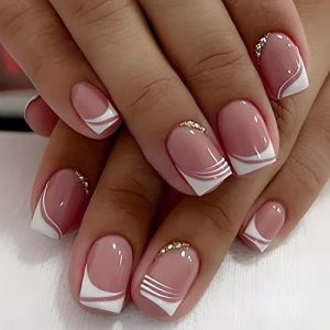 French Tip Fake Nails Short Square Press on Nails Cute Pink Glue on Nails with Rhinestones Designs Short French Acrylic Nails White Nail Tip Artificial Nails for Women Girls Nail Art Decorations