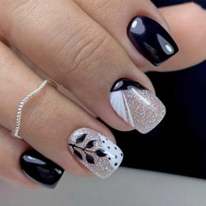 24 Pcs Short Square Black Press on Nails with Glitter Leaves Design for Women and Girls