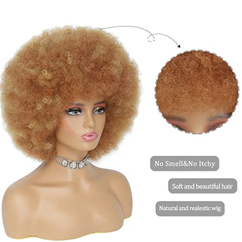 Afro Wig - Soft 70s Afro Wig For Women Blonde Afro Kinky Curly Hair Wigs With Bangs Natural Looking Ash Blonde Short Afro Curly Wig For Men Bouncy Afro Puff Wig Synthetic Hair Big Afro Wig For Daily Party Use - Image 3