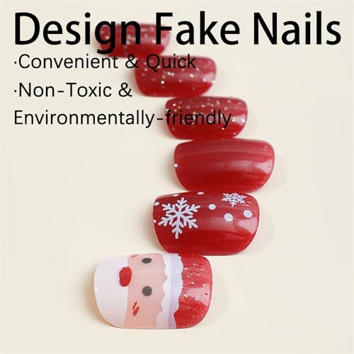 Christmas Press on Nails, Short Christmas Fake Nails with Snowflake Design, Glitter Sequins, Acrylic Nails with Glue on Nails Glossy Acrylic Nails False Nails for Women 24 pcs - Image 4