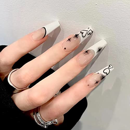 French Tip Press on Nails Long Coffin Fake Nails White Black Acrylic Nails Glossy Glue on Nails Winter False Nails Line Star Heart Stick on Nails with Design Artificial Finger Manicure for Women Girls