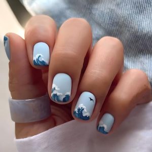 Short Blue Ocean Design Glossy Acrylic Square Press On Nails Full Cover 24 Pieces