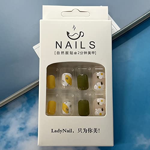 24 Piece Short Yellow Green Summer Flower Press On Nails Acrylic Manicure Kit for Women Girls - Image 3