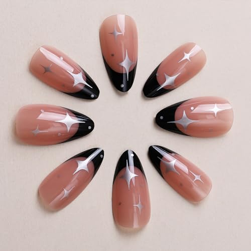 Black French Tip Press on Nails Medium Almond Fake Nails Glossy silver star Full Cover Glue on Nails cute black french coffin false nails reusable Acrylic Artificial Nails for Women Girls 24Pcs - Image 4