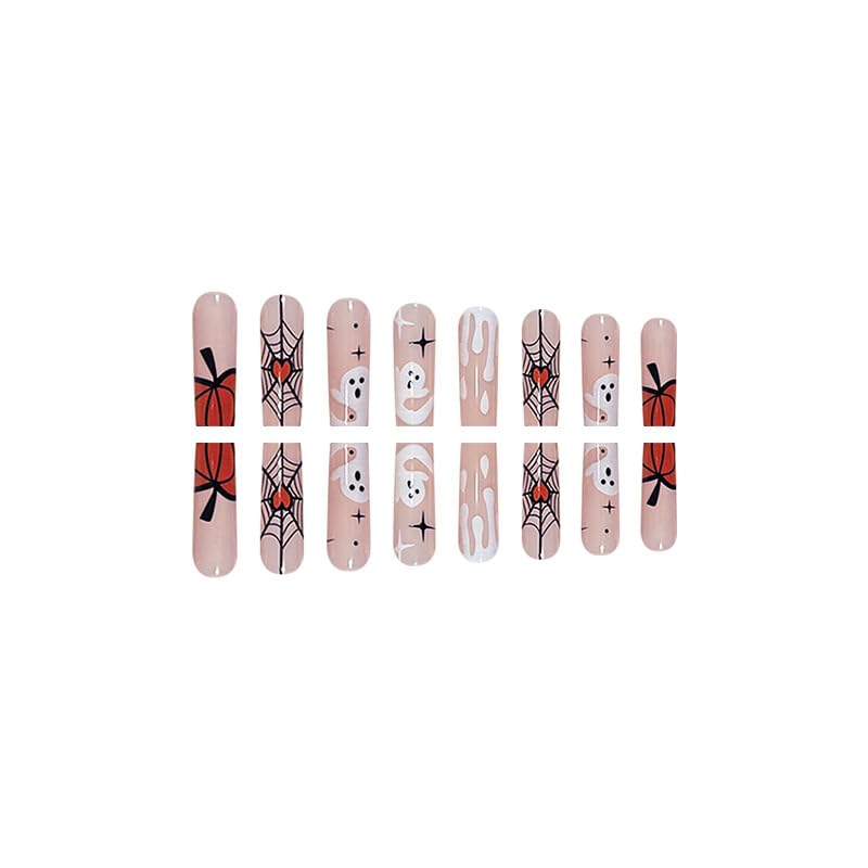 24 PCS Halloween Press on Nails Medium Coffin Square Fake Nails Star False Nails with Spider Web Pumpkin Design Glue on Nails Full Cover Artificial Nails Tips for Women Girls Nail Art Decoration - Image 4