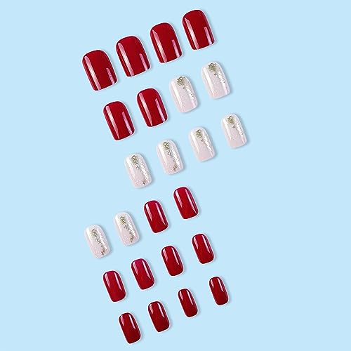 24Pcs Christmas Press on Nails Medium Square Fake Nails Red Glossy False Nails Press Ons with Snowflake Gold Foil Designs Pink Nail Tips Full Cover Artificial Glue on Nails Acrylic Nail Kit for Women - Image 3