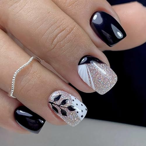 24Pcs Black Short Press on Nails Square Fake Nails Black Leaves Silver Glitter Design Glue on Nails French Color Matching Full Cover False Nails Glossy Coffin Artificial Stick on Nails for Women Girls