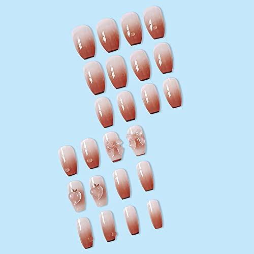 Press Bow Knot Press on Nails Medium Peach Fake Nails Medium Glossy Stick on Nails Natural Full Cover Photochromism False Nails Acrylic Glue on Nails Tips for Women(Pink Bow knot Peach) - Image 7