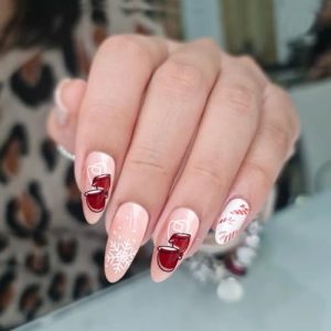 Christmas Nails Almond Press on Nails Christmas Fake Nails Nude Pink Acrylic Full Covers with Elk Red Gloves Snowflake Design Glossy Glue on Nails Medium Holiday Artificial False Nails for Women 24PCS