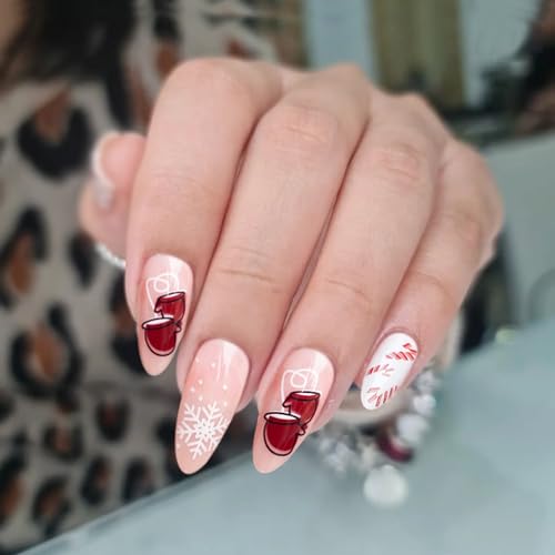 Christmas Nails Almond Press on Nails Christmas Fake Nails Nude Pink Acrylic Full Covers with Elk Red Gloves Snowflake Design Glossy Glue on Nails Medium Holiday Artificial False Nails for Women 24PCS