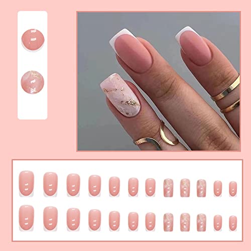 Press On Nails Long,Nude White Border Fake Nails ,Acrylic French Nail Art Marble Full Cover Stick On Nails for Women and Girl Nail Kit(24 PCS) - Image 2