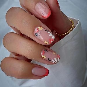 24Pcs Medium Press on Nails Square Fake Nails French Tip Full Cover Glue on Nails with Multicolor Designs Flower False Nails Glossy Pink Acrylic Stick on Nails DIY for Women