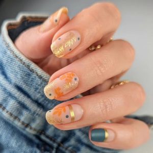 Gold Leaf Press on Nails Autumn Short Acrylic Square Fake Nail, Blue Full Cover False Nails Matte Stick on Nails for Women Girls Manicure Decorations 24Pcs
