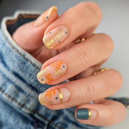 Gold Leaf Press on Nails Autumn Short Acrylic Square Fake Nail, Blue Full Cover False Nails Matte Stick on Nails for Women Girls Manicure Decorations 24Pcs