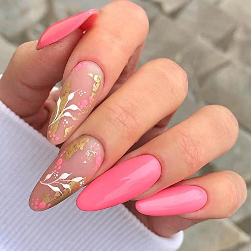 Glossy Almond Press on Nails Pink Long Oval Fake Nails Leaf Design Ballerina Full Cover Acrylic False Nails for Women and Girls 24Pcs (Style C)