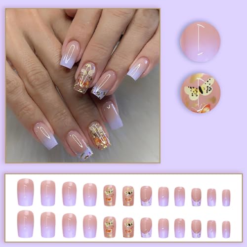 Medium Square French Tip Press on Nails - Purple Gradient with Gold Foil - 24 Piece Set - Image 2