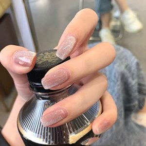 Press On Nails Medium - SARATA Square Fake Nails with Nail Glue Stickers, Fit Perfectly & Natural Reusable Semi-Transparent Stick On Nails in 12 Sizes - 24 Soft Gel Glue On Nails Kit, Pink Crystal