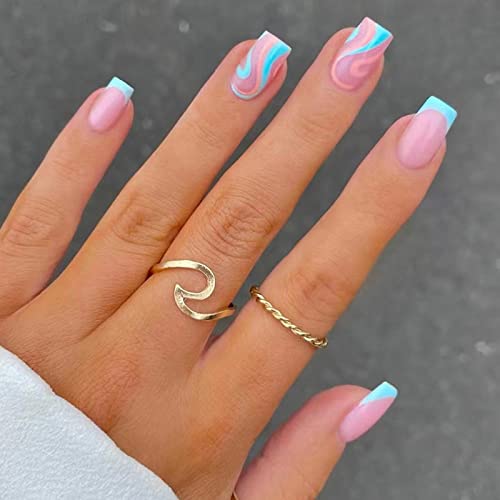 IMSOHOT Medium Press on Nails Square French Tips Fake Nails Blue Pink Wave False Nails with Designs Glossy Glue on Nails Full Cover Cute Acrylic Nails for Women and Girls 24Pcs