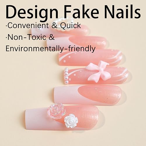 Long Fake Nails with Charm French Tip Square Press on Nails Full Cover False Nails with Bow Heart Pearl Flower Designs Acrylic Nails Pink Glitter Stick on Nails Cute Long Artificial Nails for Women - Image 3