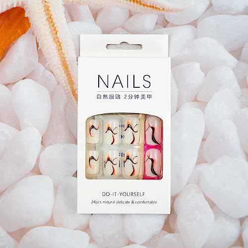 Press on Nails Short Length Natural Fake Nails with Black and Orange Swirl Designs Square False Nails with Glue and Adhesive Tabs, Acrylic Artificial Nails for Women Girls 24pcs - Image 2