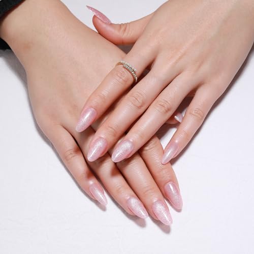Light Pink Press on Nails Medium Almond Fake Nails Glossy Cat Eye False Nails with Gradient Designs Glitter Press on Nails Full Cover Acrylic Nails Stick on Nails for Women and Girls 24Pcs