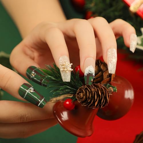Christmas Press on Nails Square Medium 24Pcs Green Christmas Fake Nails Sets Glossy Full Cover Acrylic Xmas Winter False Nails with Gold Snowflake Gems Designs Holiday False Glue Fingernails - Image 3