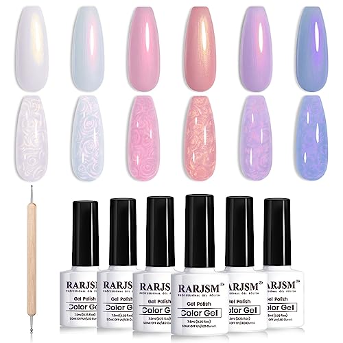 RARJSM Nail Art Painted Nail Polish Set and 6 Sunset Colors Light Purple Blue Pink Red Gold Shimmer Mermaid Swirl Thread Gel Nail Polish Set - Image 6