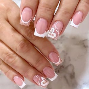 Short Fake Nails Pink Press on Nails Square False Nails with Simple White French Gold Dust Love Line Stick on Nails Designs Artificial Nail Supplies Glue on Nails for Women and Girls 24 Pcs Manicure