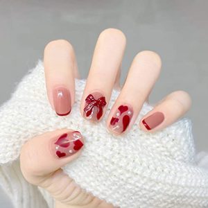 24pcs Heart Press on Nails Short Square Valentine’s Day Fake Nails Full Cover Nude Pink Acrylic Nails with Romantic Heart Shape Design Glue on Nails Red Heart False Nails for Women Girls 24Pcs