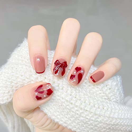 24pcs Heart Press on Nails Short Square Valentine’s Day Fake Nails Full Cover Nude Pink Acrylic Nails with Romantic Heart Shape Design Glue on Nails Red Heart False Nails for Women Girls 24Pcs