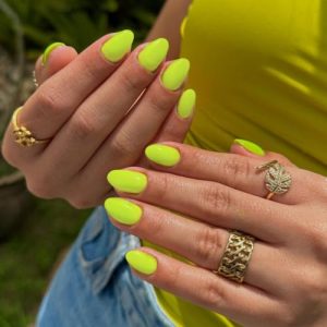Neon Press On Nails Short Oval,KQueenest Thick Acrylic Nails Press Ons,Short Almond Nails Glue on,Natural Round Fake Nails,One Color Gel Stick On Nails Set for Women Girls
