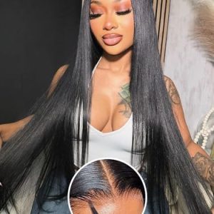 Glueless 30 Inch Straight Lace Front Human Hair Wig 180% Density Natural Black