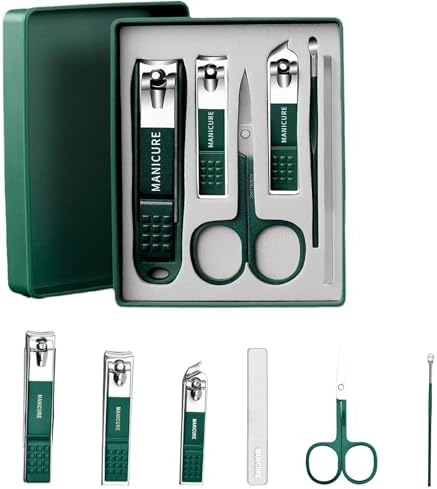 6-Piece Dark Green Stainless Steel Nail Care Tool Set Splash-Proof Design
