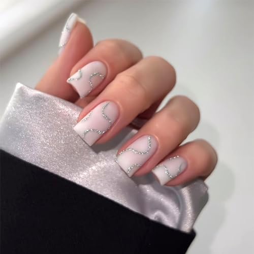 Silver Glitter Wavy Lines Medium Square Reusable Acrylic Press-On Nails Set