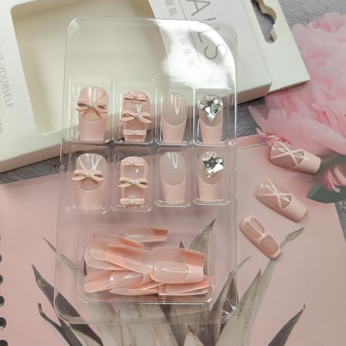 24Pcs Pink French Tip Press on Nails Short Fake Nails Ballet Shoes Design Bow Glue on Nails with Heart Nail Rhinestones Acrylic False Nails Cute Pink Square Artificial Nails for Women Valentines Nails - Image 3