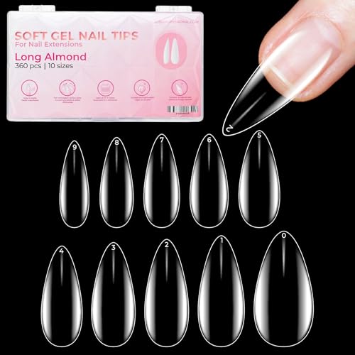 LLBA Soft Gel Nail Tips - 360Pcs Soft Gel Nail Extension Tips, 10 Sizes Clear Full Cover Fake Nails for Nail Extension, Long-Lasting Salon Quality, Natural Look & Comfortable Wear (Almond, Long)