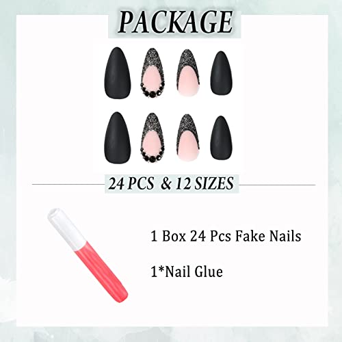 IMSOHOT Medium Press on Nails Almond Matte Black Fake Nails French Tips Acrylic False Nails with Rhinestone Designs Full Cover Glue on Nails for Women 24Pcs - Image 5